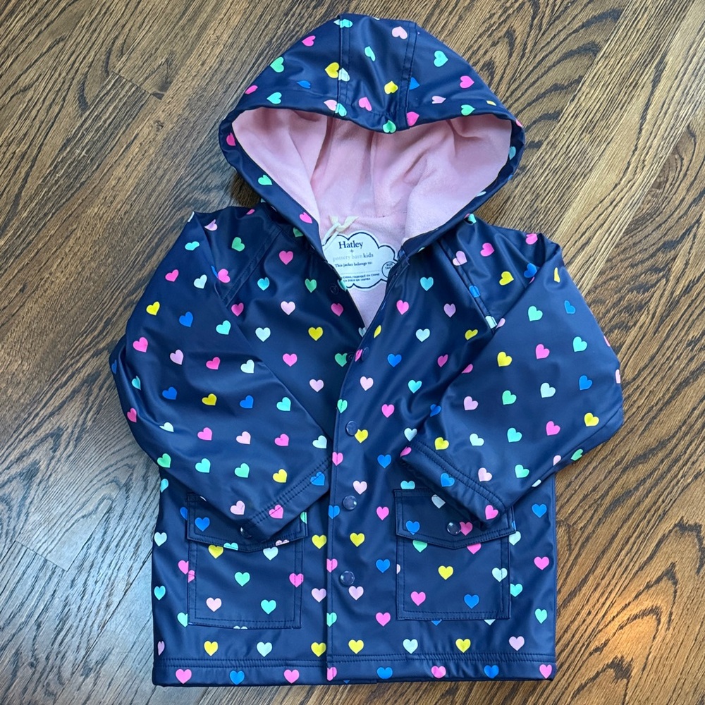 Like New Hatley Navy Raincoat with Multicolor Hearts